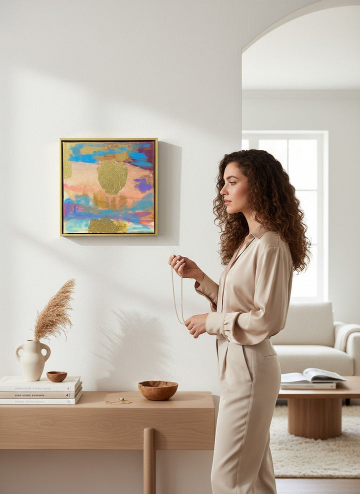 Chic Collective Sunwashed Glow abstract painting with peach, blush, turquoise, lavender, and gold accents. Framed art for interiors.