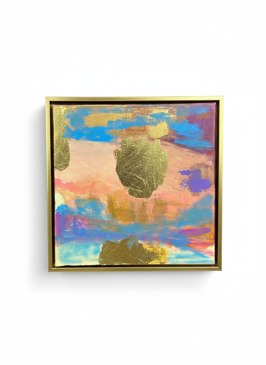 Chic Collective Sunwashed Glow abstract painting with peach, blush, turquoise, lavender, sky blue, and gold accents. Framed.
