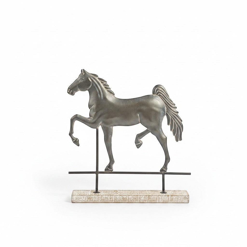Chic Collective 13.5" tabletop horse statue in metallic grey on a distressed wood base with metal stand.