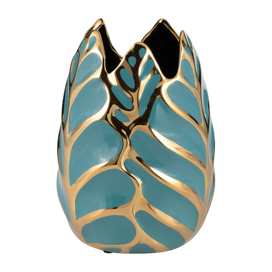 Chic Collective teal and gold leaf patterned stoneware vase, 8 inches tall, glossy finish, decorative accent.