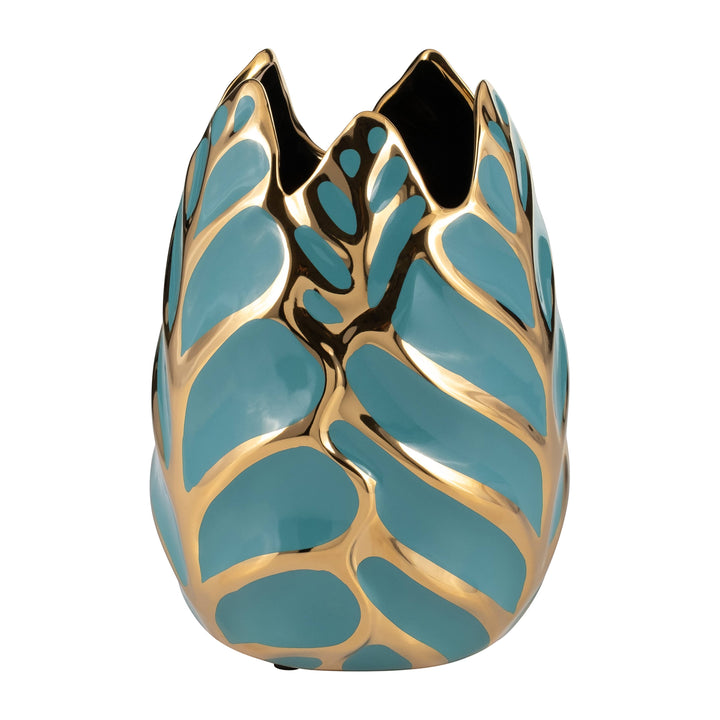 Chic Collective teal and gold leaf patterned stoneware vase, 8 inches tall, glossy finish, decorative accent.