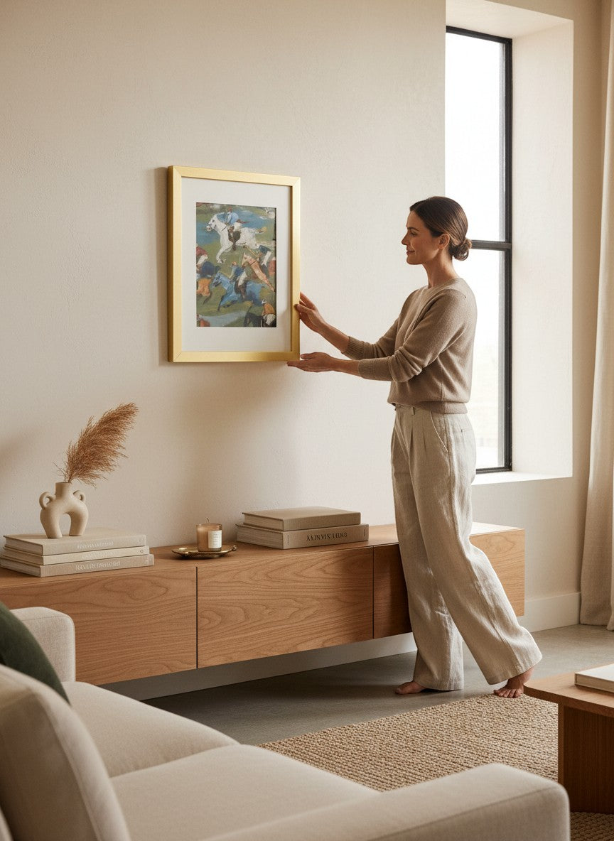 Chic Collective The Pursuit framed artwork depicting polo players and horses in motion with blues, chestnuts, whites, and greens.