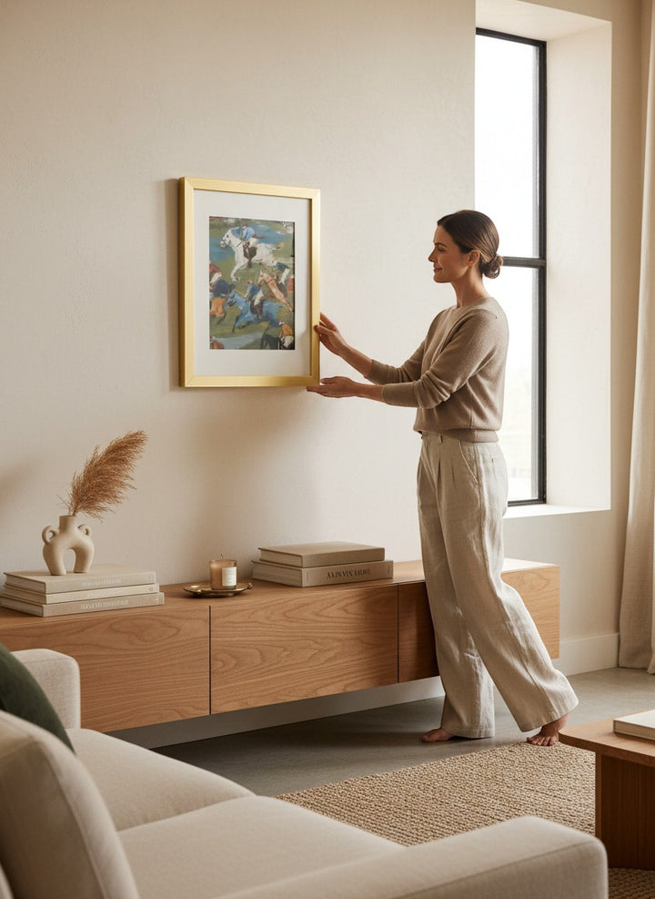 Chic Collective The Pursuit framed artwork depicting polo players and horses in motion with blues, chestnuts, whites, and greens.