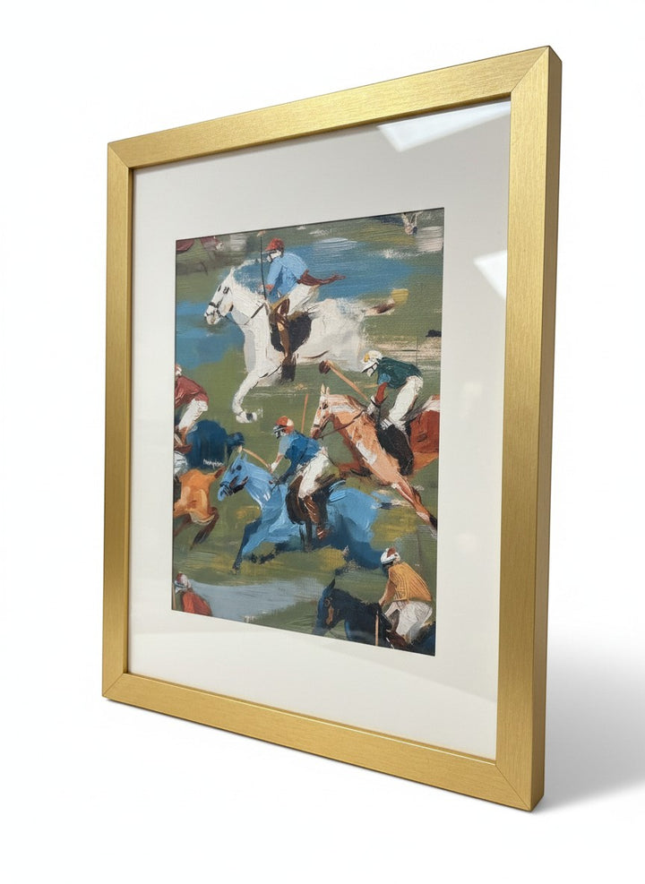 Chic Collective The Pursuit framed painting of a polo match with riders and horses in motion, blues, chestnuts, whites, and greens.