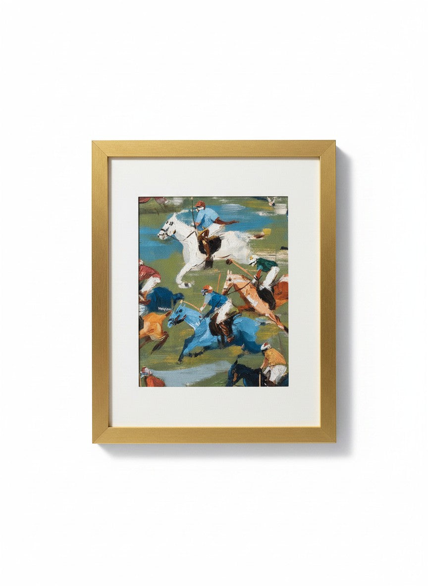 Chic Collective The Pursuit framed painting of a polo match with horses and riders in motion, blues, chestnuts, whites, and greens.