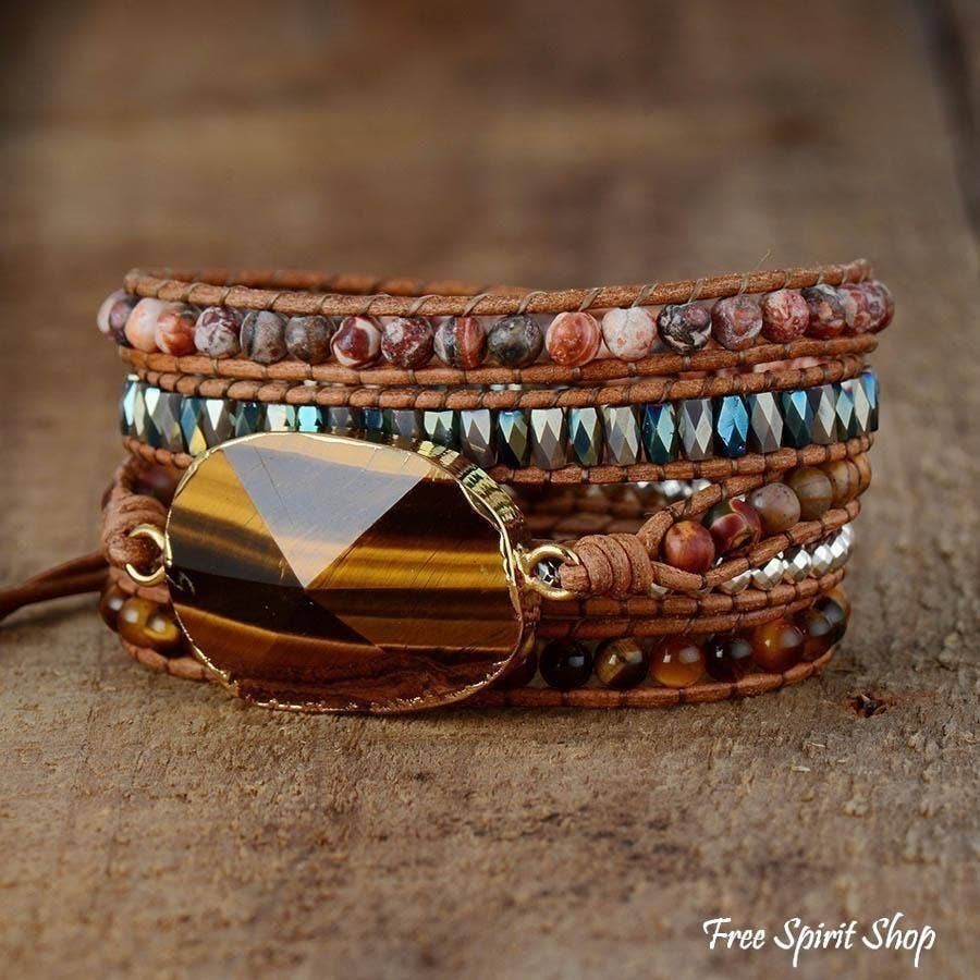 Chic Collective natural tiger eye and jasper beaded wrap bracelet on genuine leather with stainless steel accents.