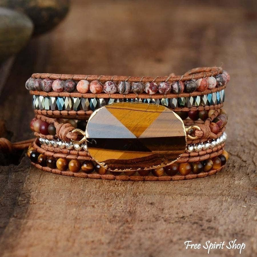 Chic Collective natural tiger eye and jasper beaded wrap bracelet on genuine leather with stainless steel accents.