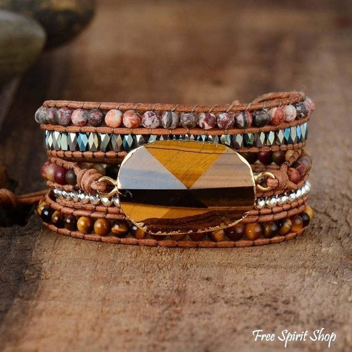 Chic Collective natural tiger eye and jasper beaded wrap bracelet on genuine leather with stainless steel accents.