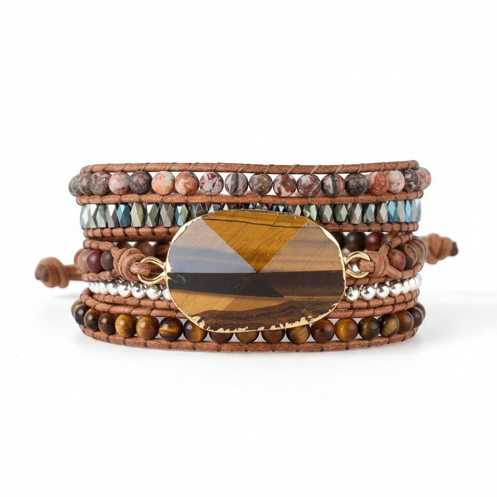 Chic Collective natural tiger eye and mixed jasper beaded wrap bracelet on genuine leather with stainless steel accents.