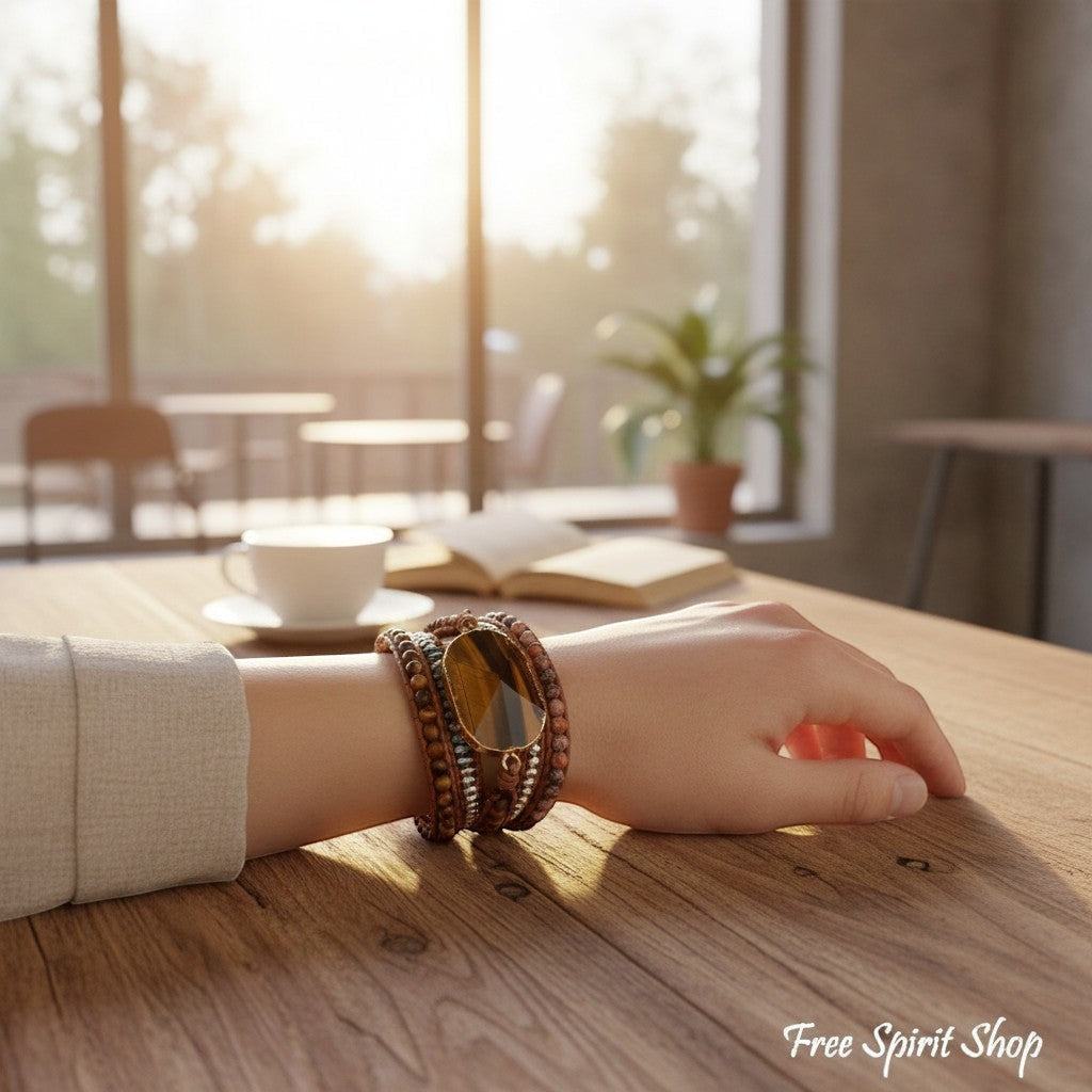 Chic Collective natural tiger eye and jasper beaded wrap bracelet on genuine leather with stainless steel accent.