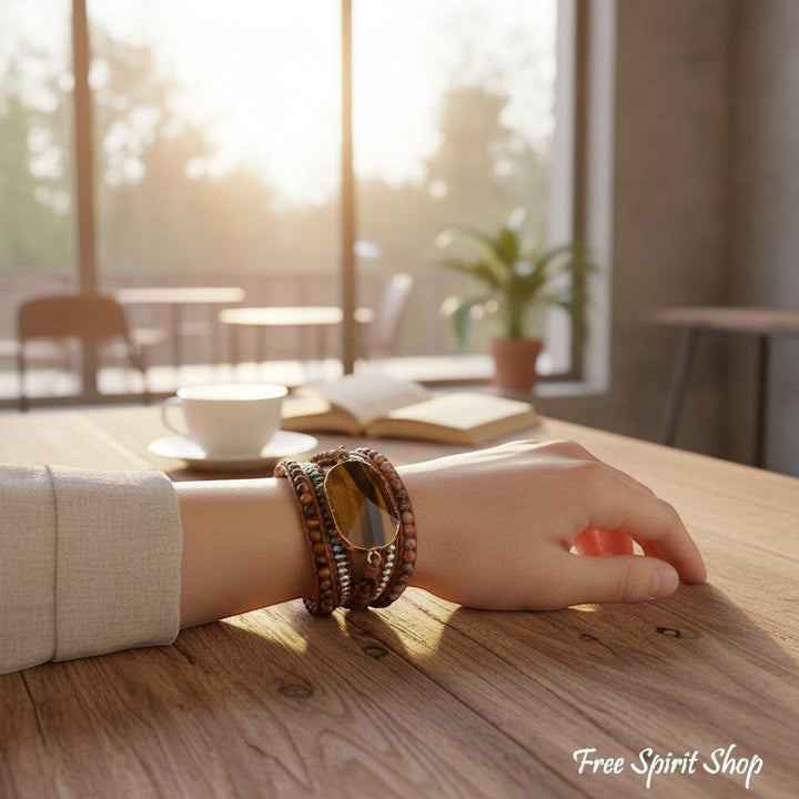 Chic Collective natural tiger eye and jasper beaded wrap bracelet on genuine leather with stainless steel accent.