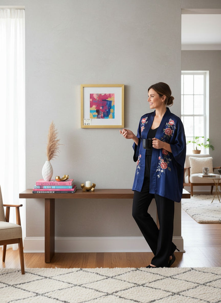 Chic Collective Velvet Current abstract art with magenta, cobalt, violet, turquoise, and gold leaf accents, framed in gold.