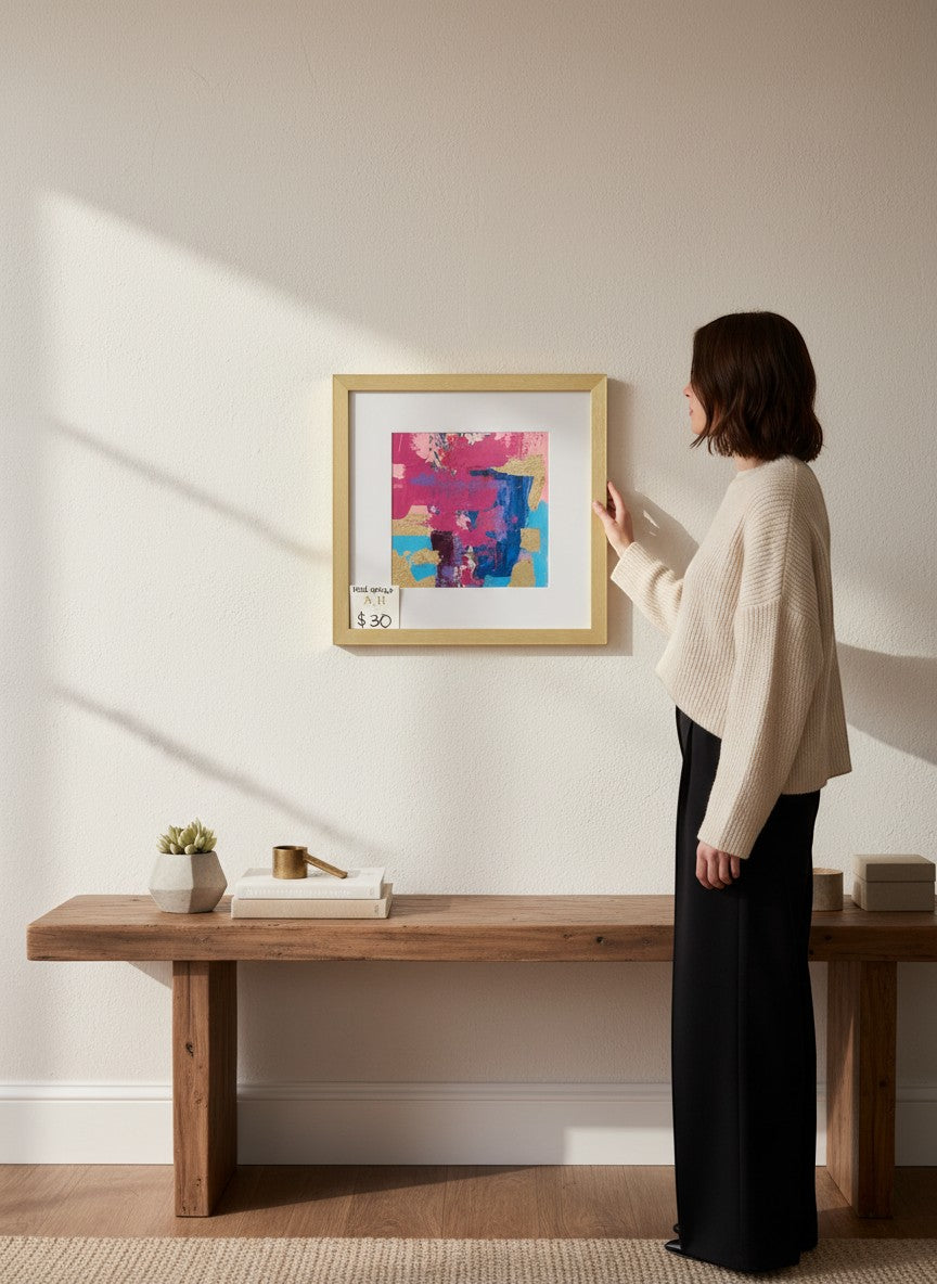 Chic Collective Velvet Current abstract painting with magenta, blue, and gold leaf accents, framed in gold.
