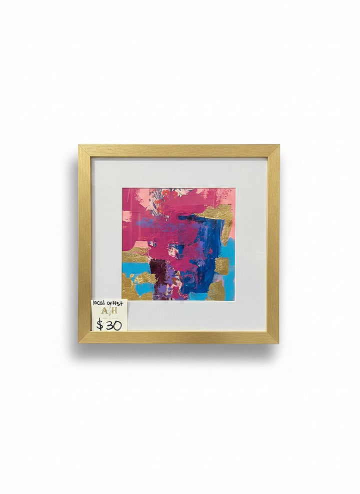 Chic Collective Velvet Current abstract painting with magenta, blue, violet, turquoise, and gold leaf accents. Framed in gold.