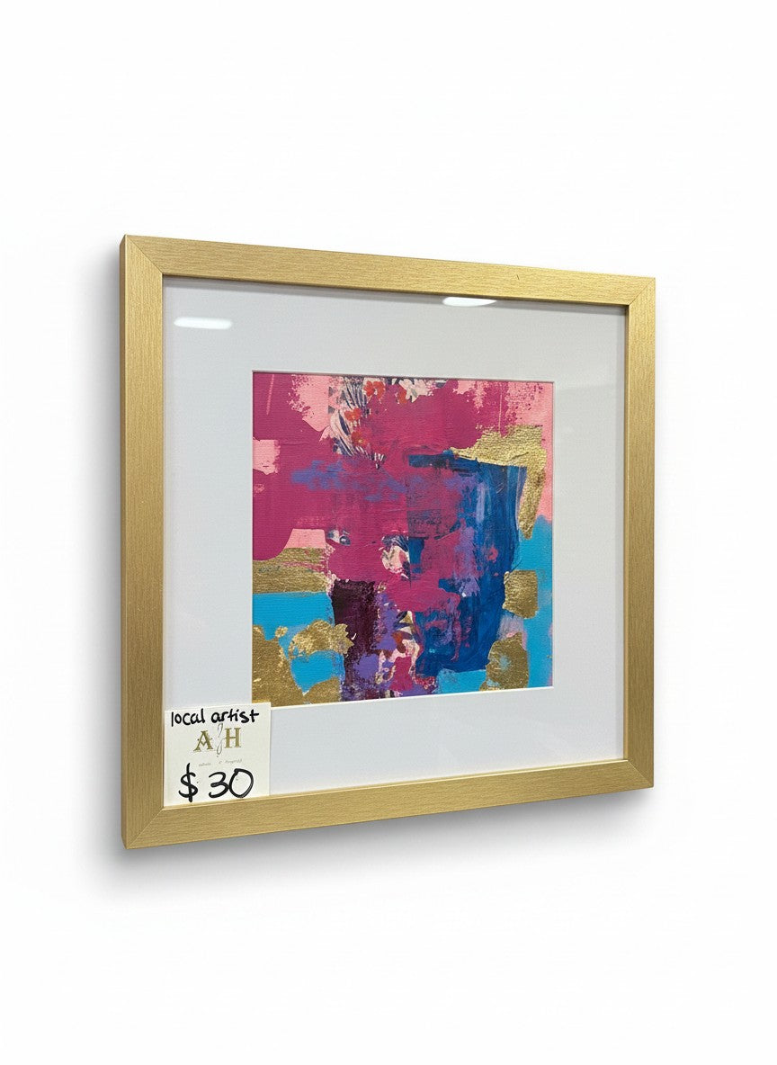Chic Collective Velvet Current abstract painting with magenta, cobalt, violet, turquoise, and gold leaf accents, framed in brushed gold.