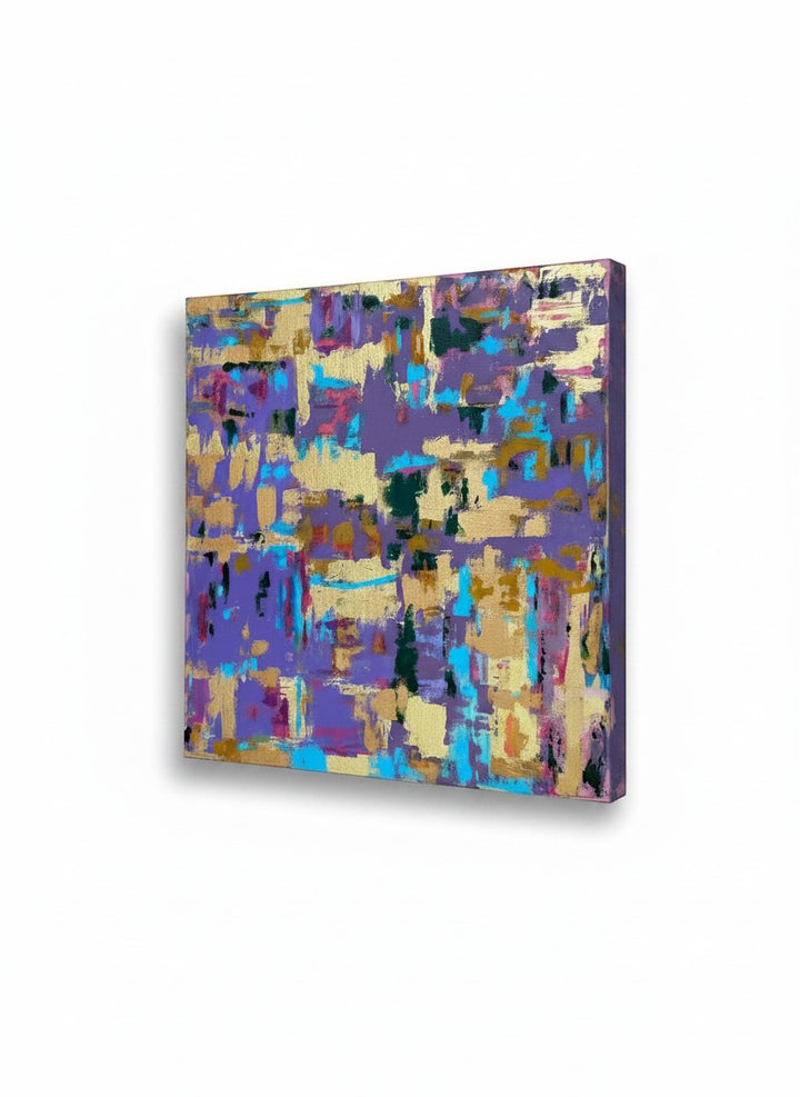 Chic Collective Velvet Mosaic abstract painting with violet, blue, blush, emerald, and gold leaf accents.