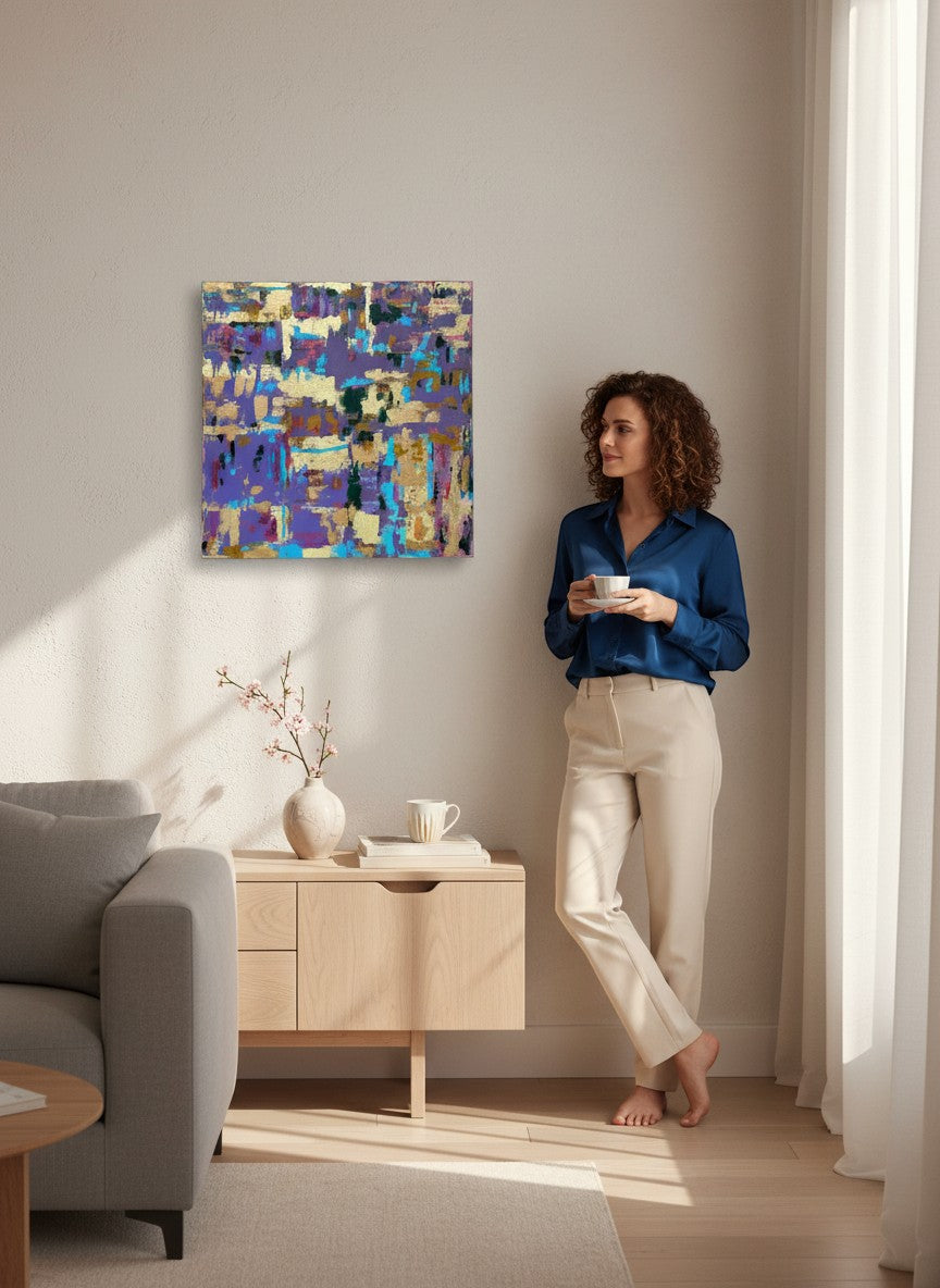 Chic Collective Velvet Mosaic abstract art with violet, blue, blush, emerald, and gold leaf accents.