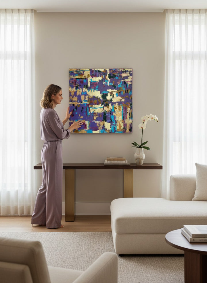 Chic Collective Velvet Mosaic abstract art with violet, blue, blush, emerald, and gold leaf accents.