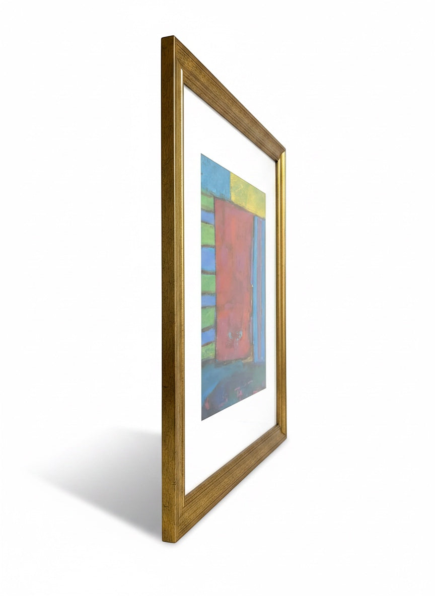 Chic Collective Velvet Rhythm abstract art with red, blue, green, and yellow color blocking, framed in antique gold.