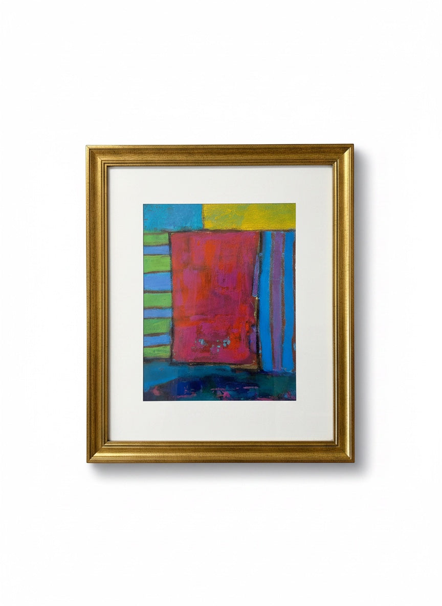 Chic Collective Velvet Rhythm abstract art with bold color blocking in crimson, blue, green, and yellow, framed in antique gold.