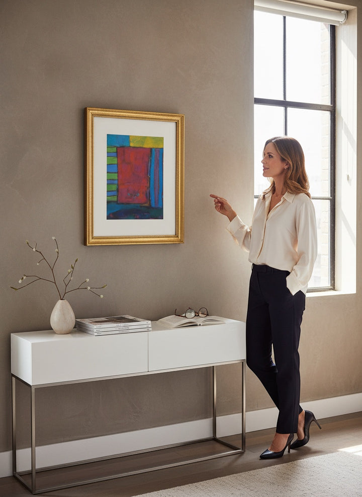 Chic Collective Velvet Rhythm abstract art with bold crimson, blue, and green color blocking, framed in gold.