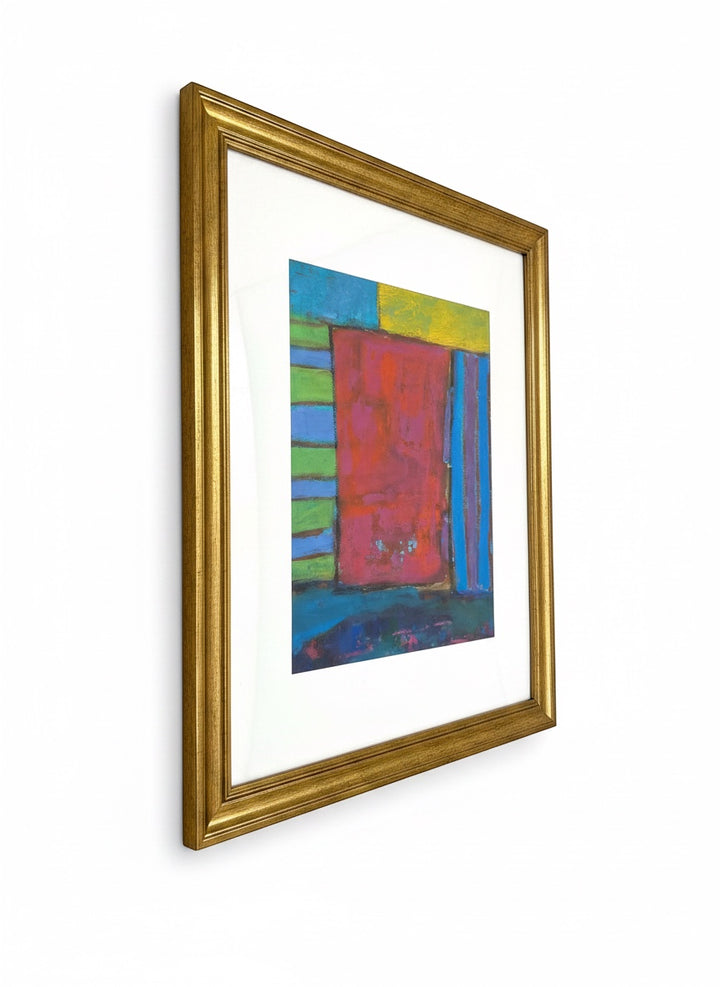 Chic Collective Velvet Rhythm abstract art with bold color blocking in red, blue, green, and yellow, framed in antique gold.