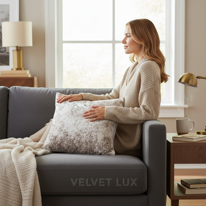 Chic Collective Verona crushed velvet cushion in oyster, a soft, shimmering accent pillow with a discreet zipper.