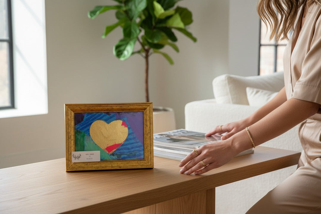 Chic Collective framed artwork with gold heart silhouette on vibrant violet and turquoise abstract background.