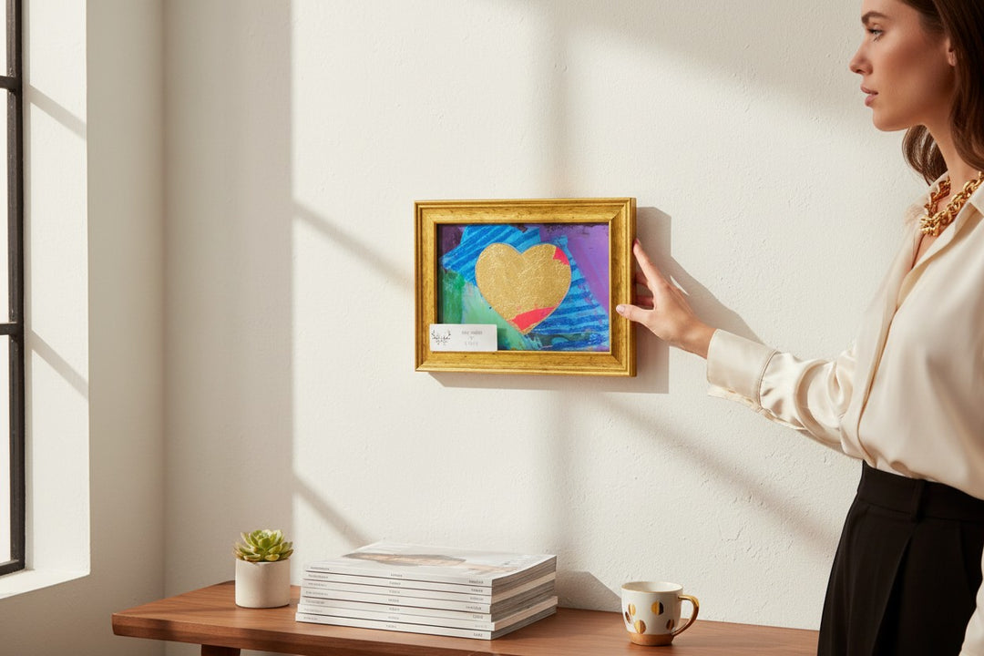 Chic Collective Violet Flight framed artwork with gold heart silhouette on vibrant abstract background.