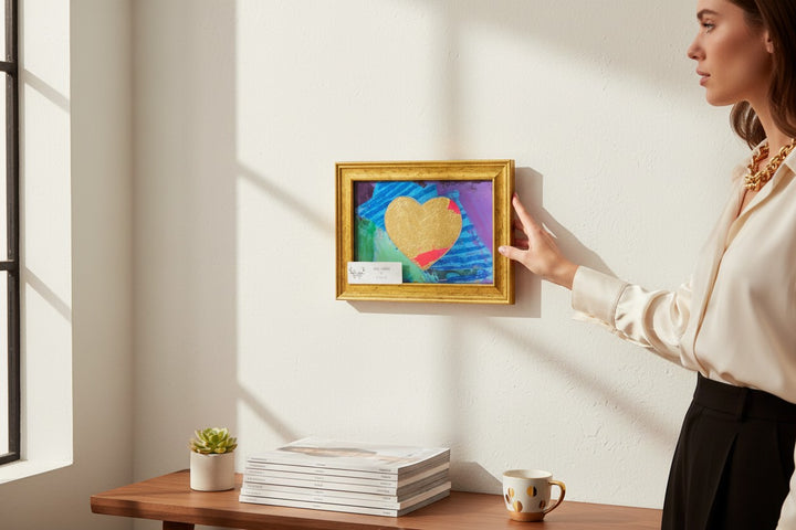 Chic Collective Violet Flight framed artwork with gold heart silhouette on vibrant abstract background.