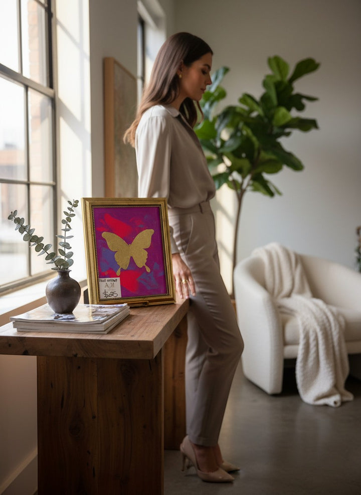Chic Collective Violet Flight artwork: gold butterfly on vibrant magenta, orchid, fuchsia, violet background. Ornate gold frame.