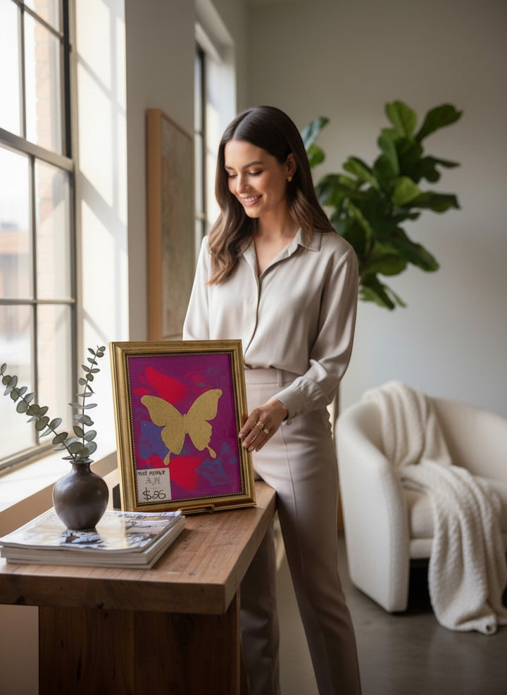 Chic Collective Violet Flight framed artwork with gold butterfly on vibrant magenta, orchid, fuchsia, and violet background.