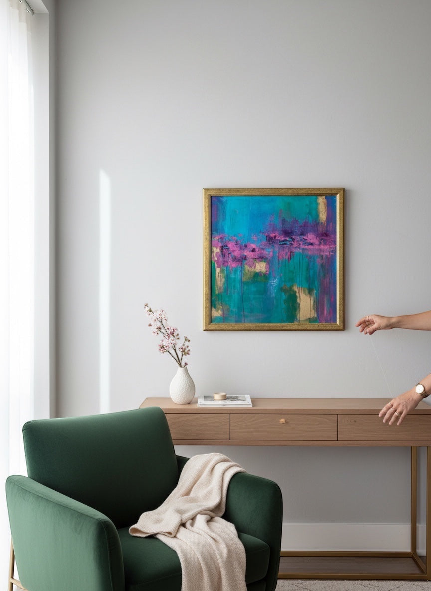 Chic Collective Violet Tide abstract art with turquoise, sapphire, lavender, gold, and magenta. Framed in gold.