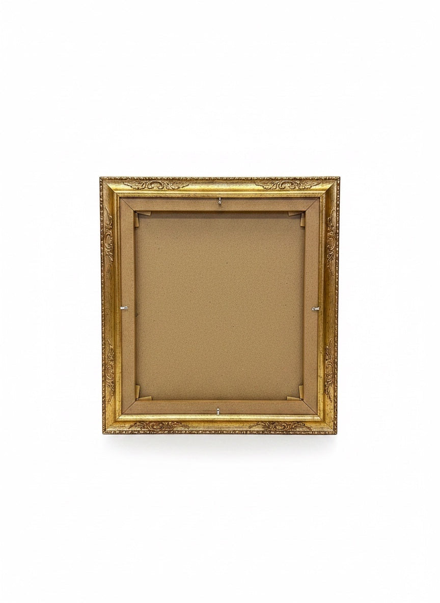 Chic Collective Violet Tide abstract landscape painting framed in antique gold. Features turquoise, sapphire, lavender, and gold.