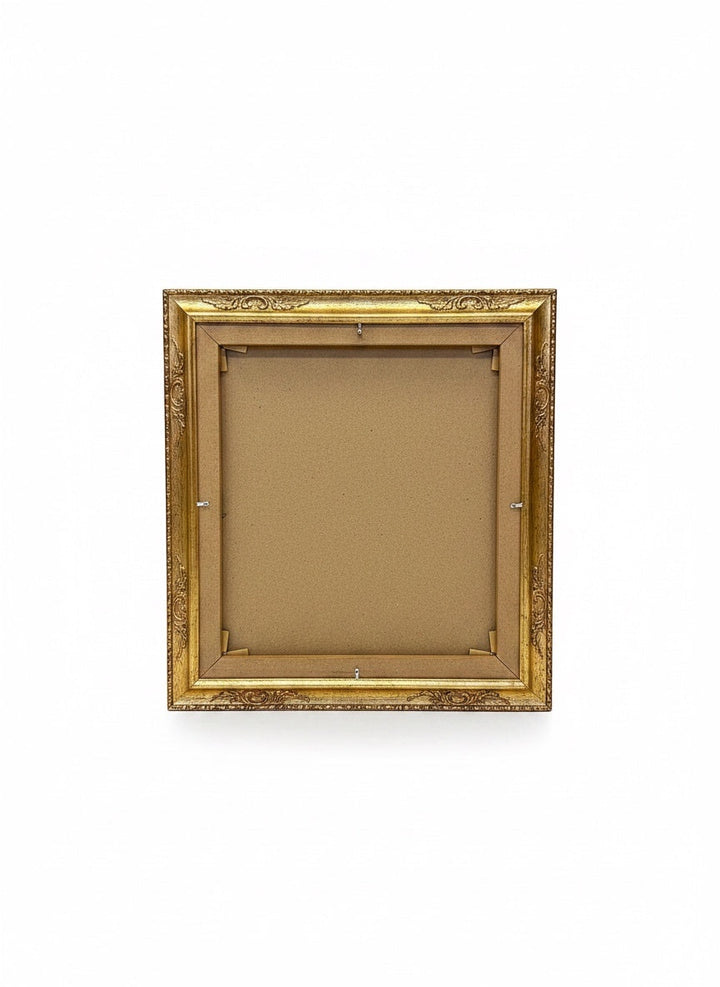 Chic Collective Violet Tide abstract landscape painting framed in antique gold. Features turquoise, sapphire, lavender, and gold.