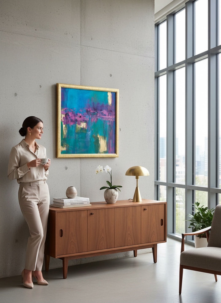 Chic Collective Violet Tide abstract landscape painting with turquoise, sapphire, lavender, and gold hues, framed in antique gold.
