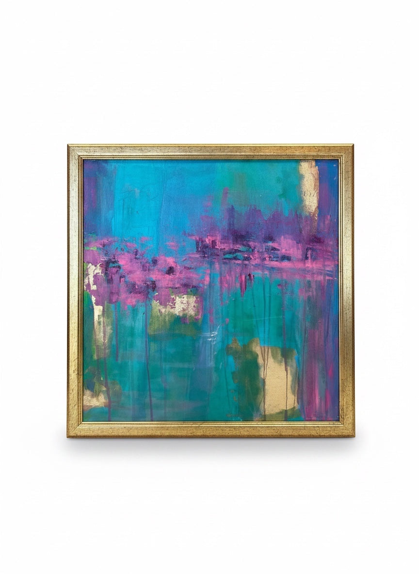 Chic Collective Violet Tide abstract landscape painting with turquoise, sapphire, lavender, and gold hues. Framed.