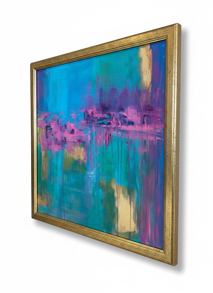 Chic Collective Violet Tide abstract landscape painting with turquoise, sapphire, lavender, and gold. Framed.