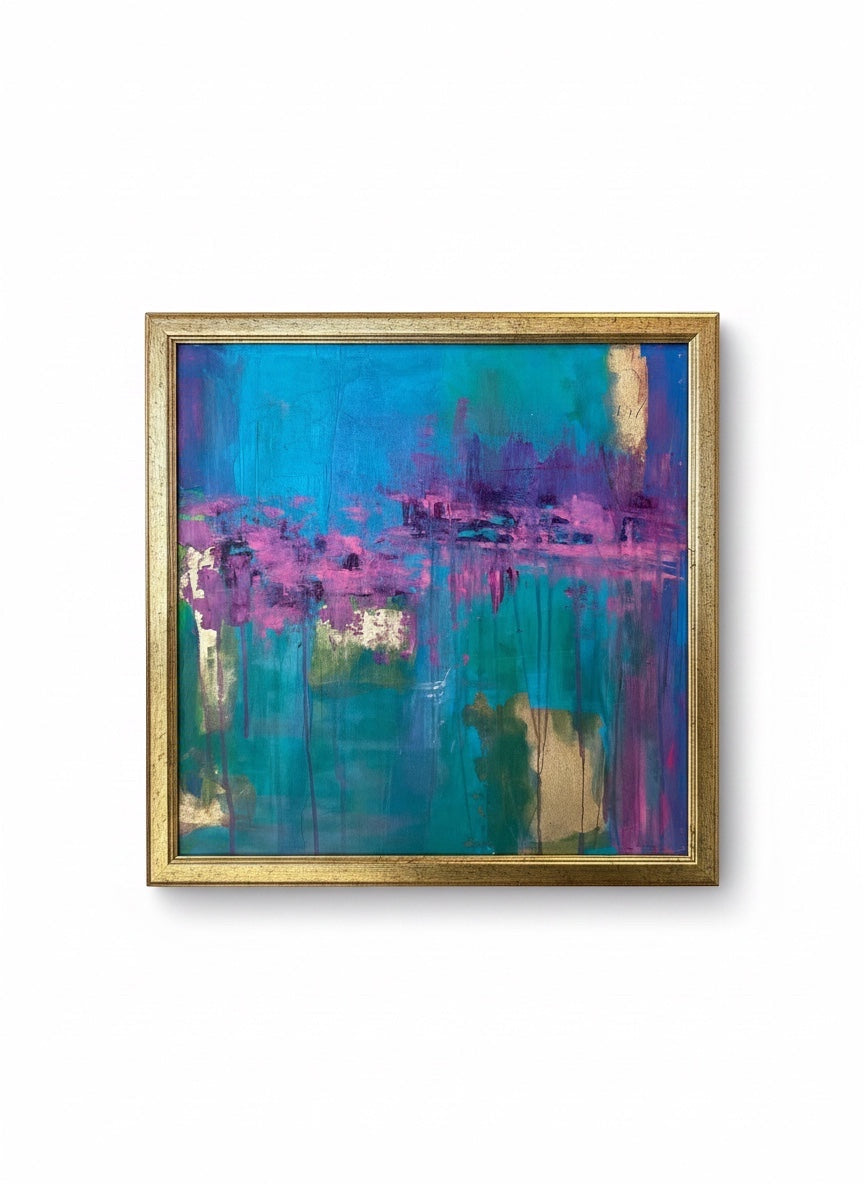 Chic Collective Violet Tide abstract landscape painting with turquoise, sapphire, lavender, and gold accents. Framed.