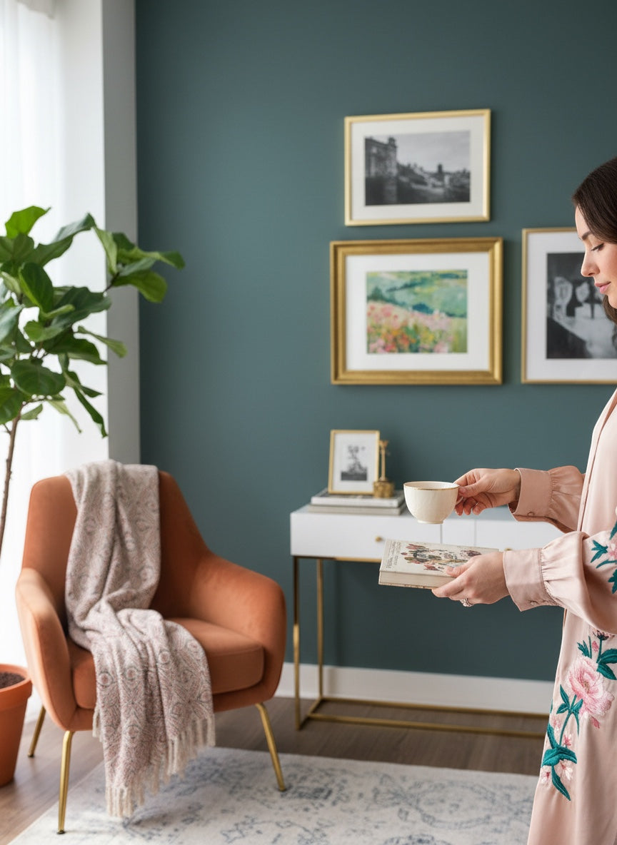 Chic Collective Where Wildflowers Wander artwork featuring a serene countryside landscape with blush pink florals and sage green hills, framed in antique gold.
