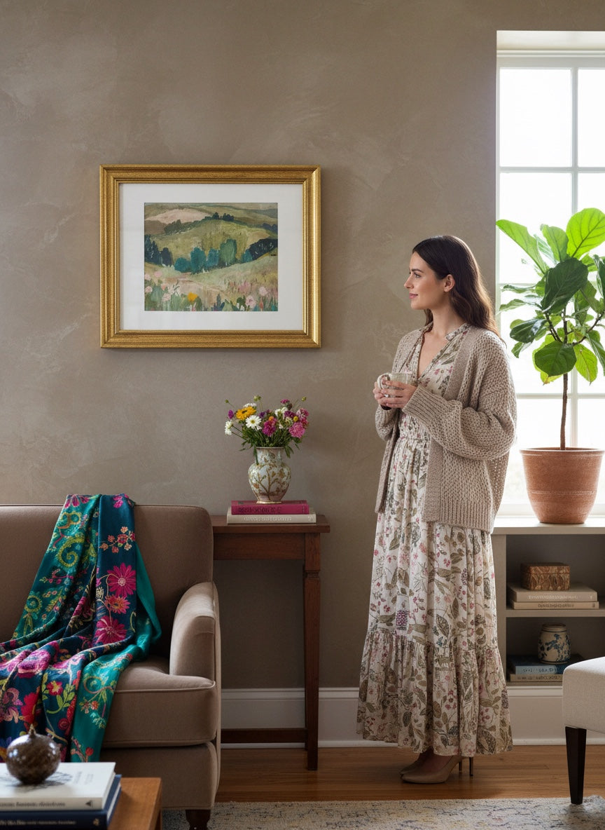 Chic Collective Whispering Hills framed artwork featuring rolling green hills, trees, and floral details in muted olive, sage, blush, and blue.