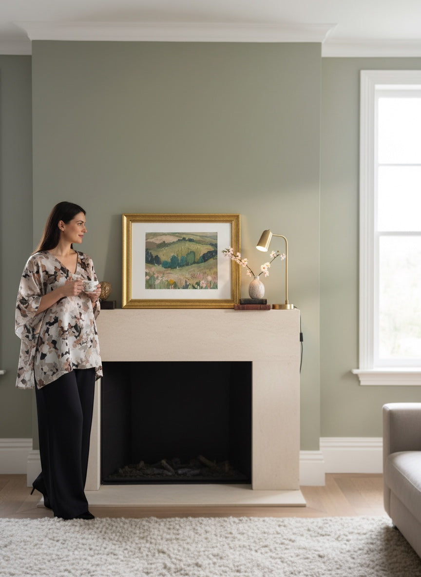 Chic Collective Whispering Hills framed landscape art with muted olive greens, sage, blush florals, and blue trees.