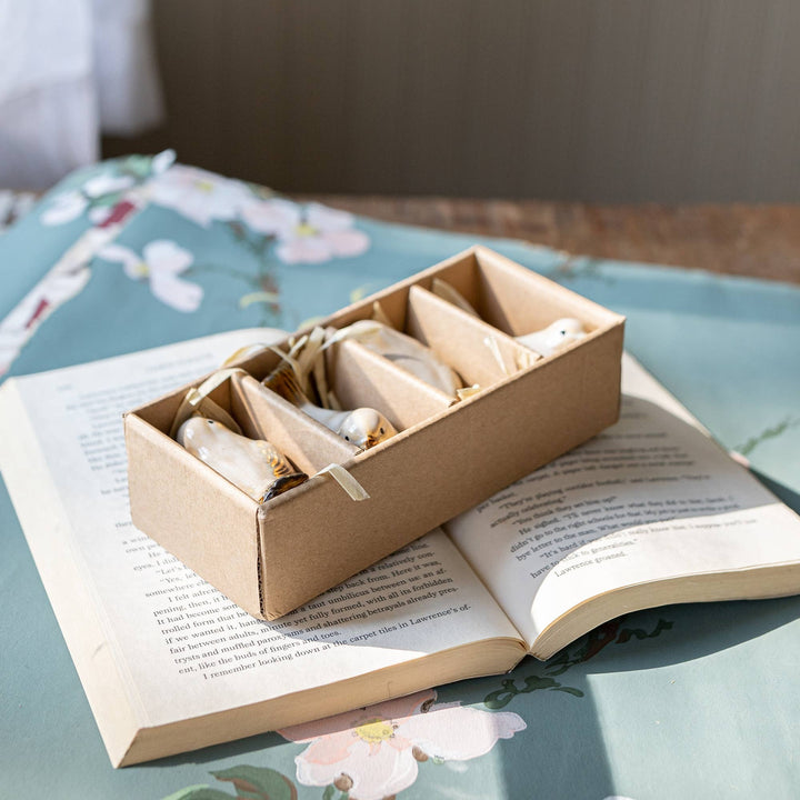 Chic Collective set of 4 white porcelain garden bird accents with cream reactive glaze finish, presented in a gift box on an open book.