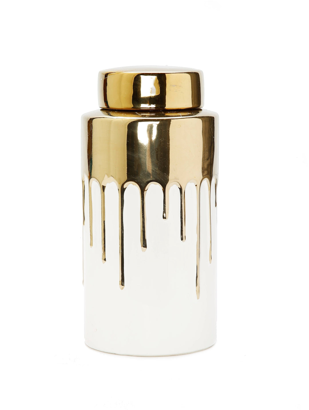 Chic Collective tall white ceramic jar with gold lid and dripping gold accent design. Measures 5.5"D x 12"H.
