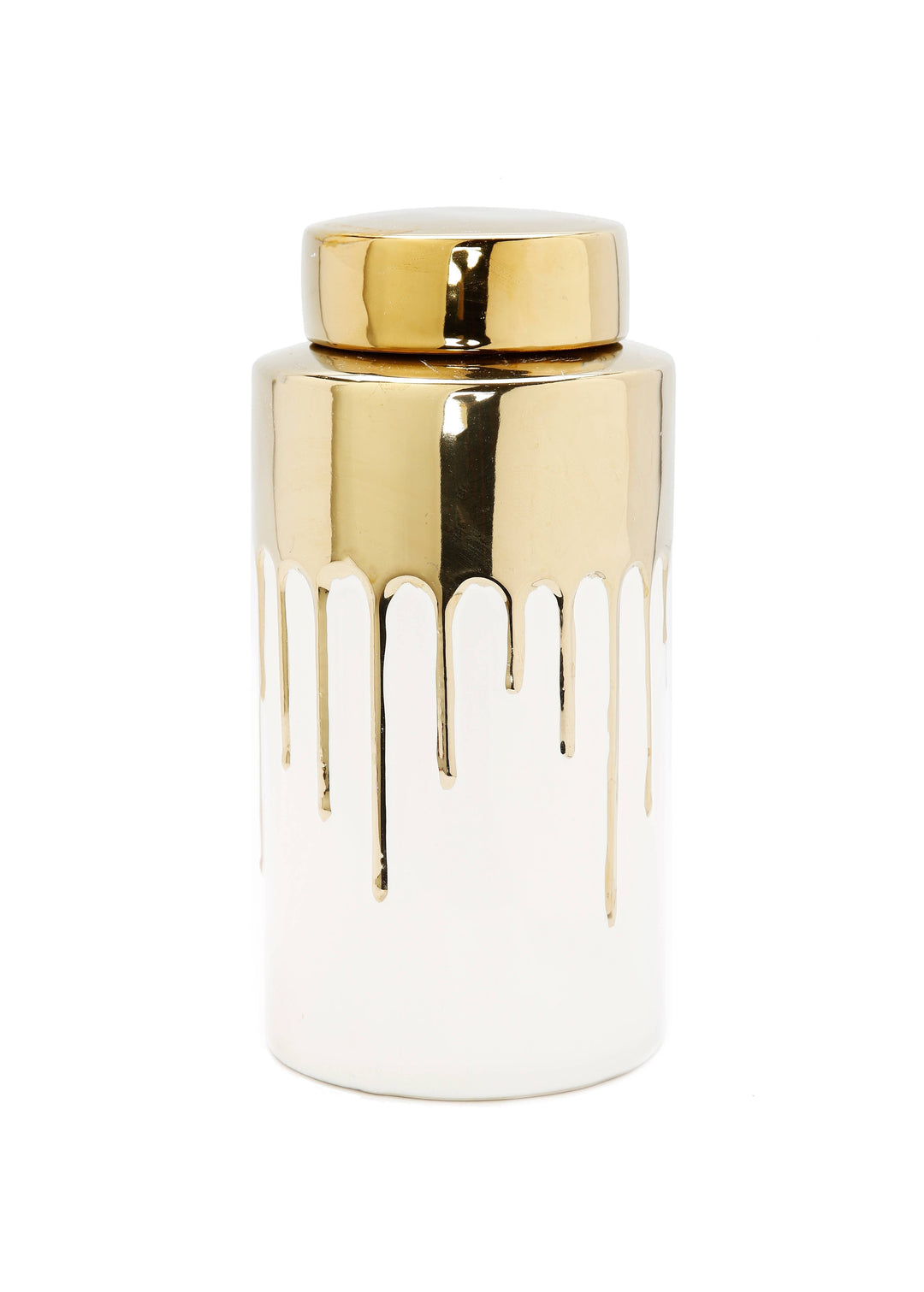 Chic Collective medium white ceramic jar with gold lid and dripping gold accent design, 4.5"D x 9.8"H