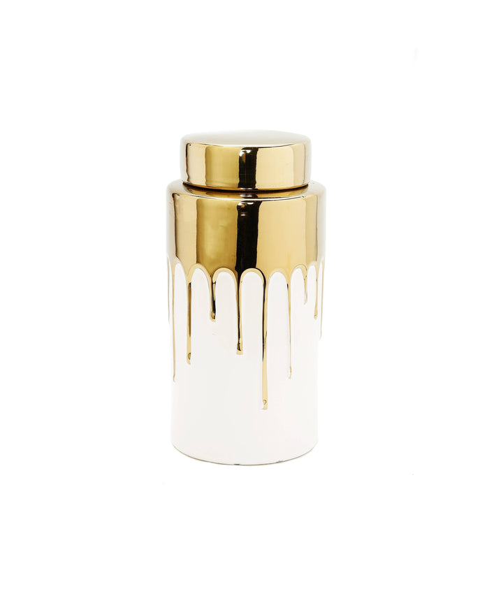 Chic Collective medium white ceramic jar with gold lid and gold drip design, 4.5"D x 9.8"H