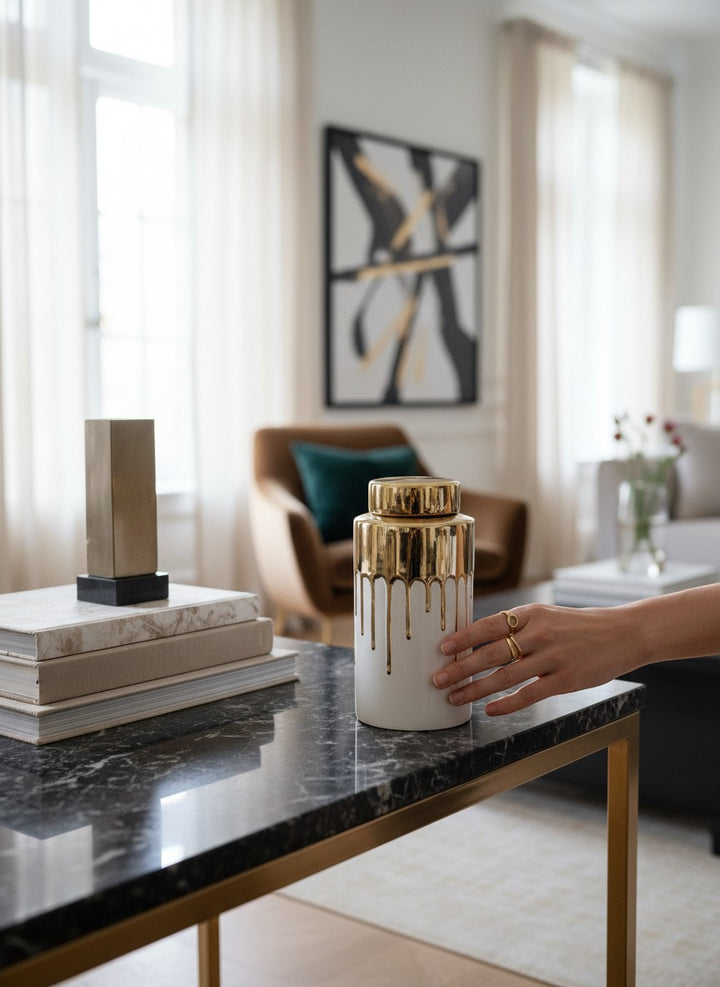 Chic Collective medium white ceramic jar with gold lid and gold drip design, a luxurious decorative accent piece.