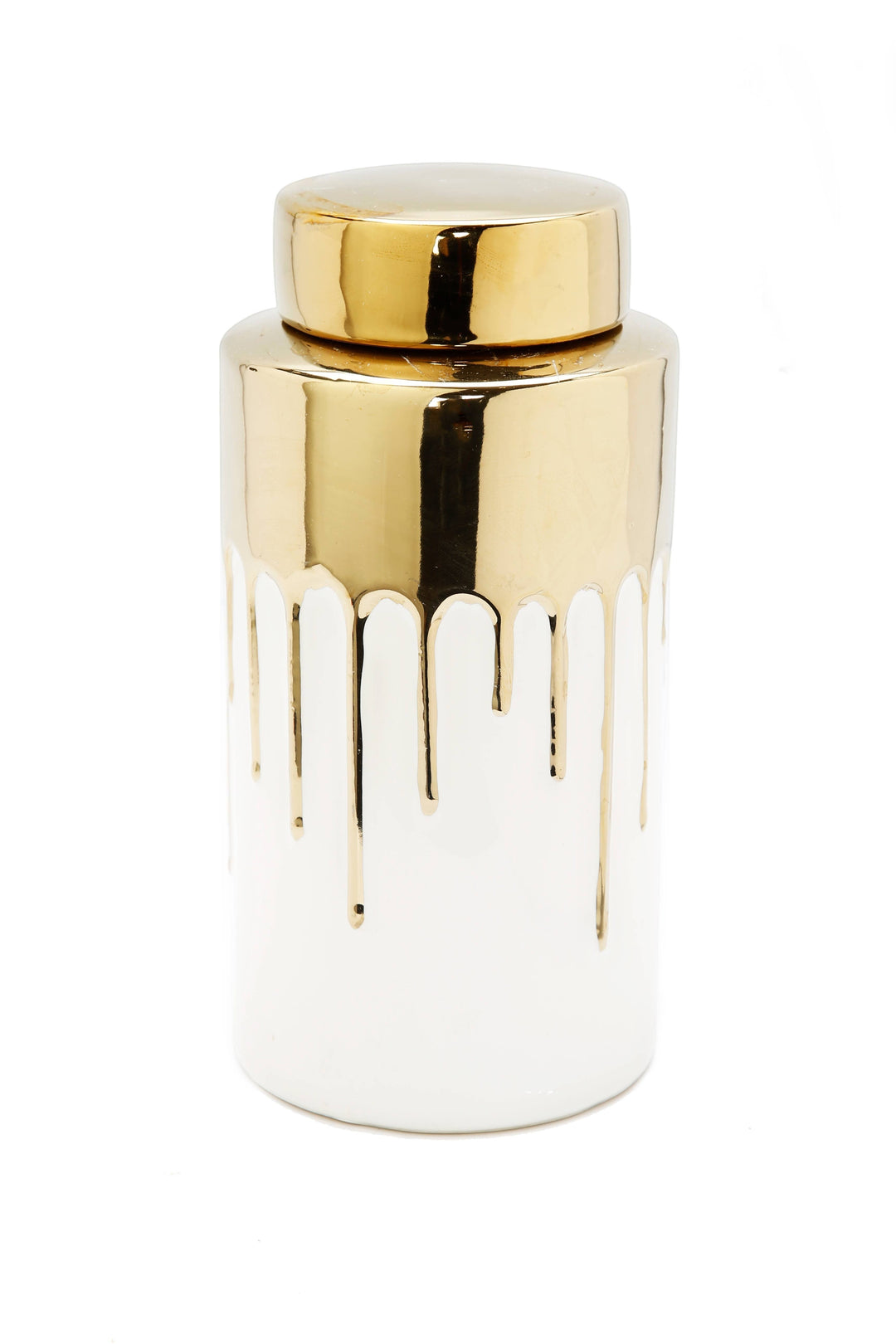 Chic Collective white ceramic jar with gold lid and dripping gold accents, 3.75"D x 7.8"H