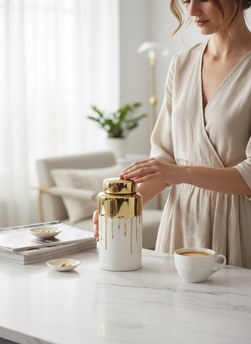 Chic Collective medium white ceramic jar with gold lid and dripping gold accent, elegant home decor.