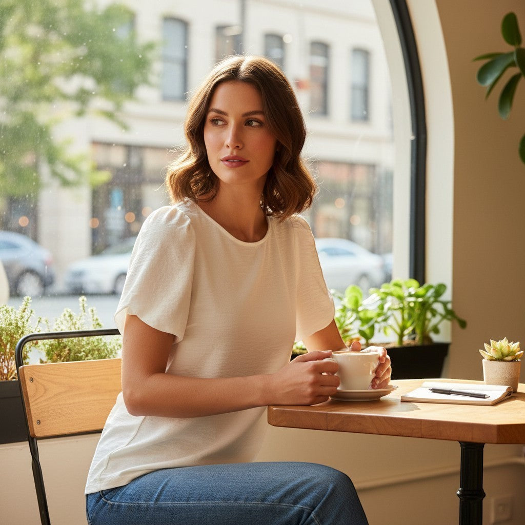 Chic Collective white ivory woven blouse with puff sleeves, worn by a woman sitting at a cafe.